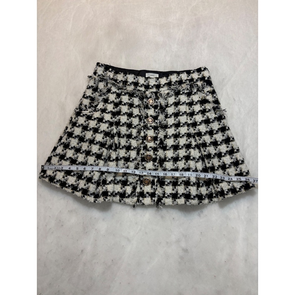 A Loves A Houndstooth Tweed Mini Skirt Black White Gold Metallic Crest Button L - Picture 7 of 11